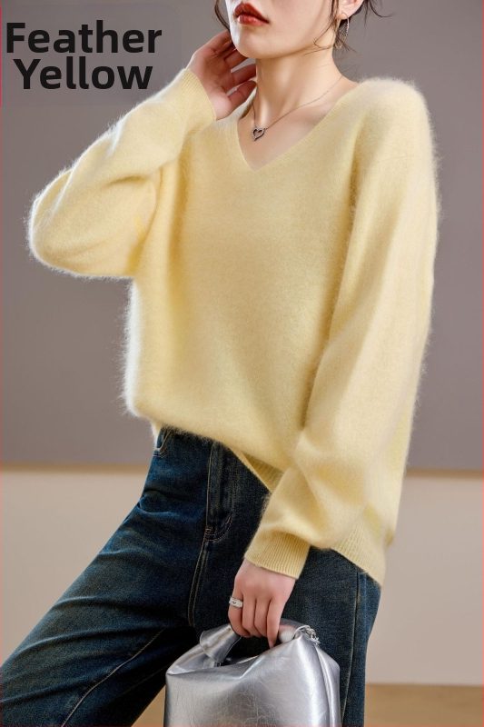 [Serie Fleece] Pulover din cașmir periat fără cusături, 5% cașmir, 95 lână, cu guler rotund/decolteu în V, 25 de ani nou