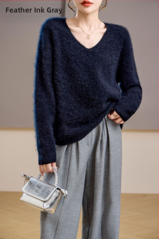 [Serie Fleece] Pulover din cașmir periat fără cusături, 5% cașmir, 95 lână, cu guler rotund/decolteu în V, 25 de ani nou