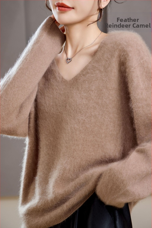 [Serie Fleece] Pulover din cașmir periat fără cusături, 5% cașmir, 95 lână, cu guler rotund/decolteu în V, 25 de ani nou