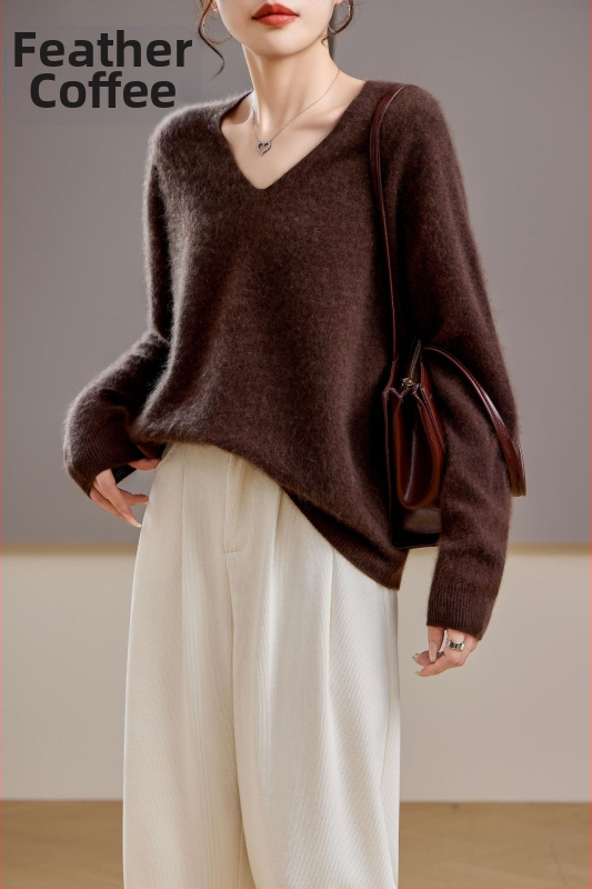 [Serie Fleece] Pulover din cașmir periat fără cusături, 5% cașmir, 95 lână, cu guler rotund/decolteu în V, 25 de ani nou