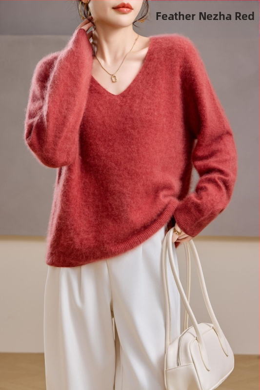 [Serie Fleece] Pulover din cașmir periat fără cusături, 5% cașmir, 95 lână, cu guler rotund/decolteu în V, 25 de ani nou