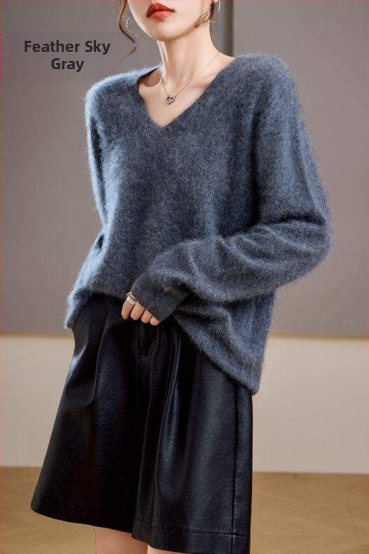 [Serie Fleece] Pulover din cașmir periat fără cusături, 5% cașmir, 95 lână, cu guler rotund/decolteu în V, 25 de ani nou