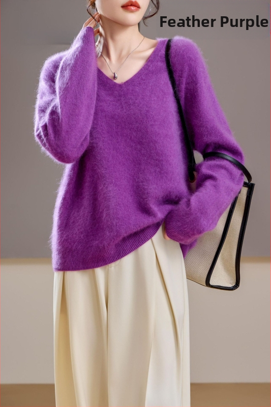 [Serie Fleece] Pulover din cașmir periat fără cusături, 5% cașmir, 95 lână, cu guler rotund/decolteu în V, 25 de ani nou