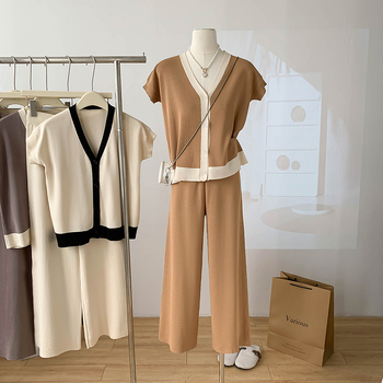 Real Shot Spot Παντελόνι με V-λαιμόκοψη, φαρδύ παντελόνι, γυναικείο, κομψό, μοναδικό, casual, χαλαρό, πλεκτό σετ δύο τεμαχίων