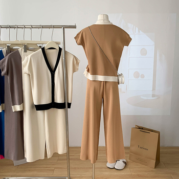 Real Shot Spot Παντελόνι με V-λαιμόκοψη, φαρδύ παντελόνι, γυναικείο, κομψό, μοναδικό, casual, χαλαρό, πλεκτό σετ δύο τεμαχίων