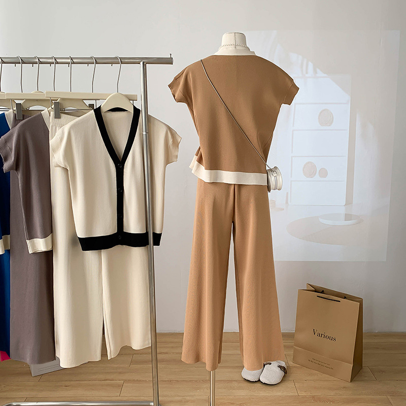 Real Shot Spot V-nyakú, ujjatlan, bő szárú nadrág, női dizájn, sikkes, egyedi, lezser, lusta kötött kétrészes szett