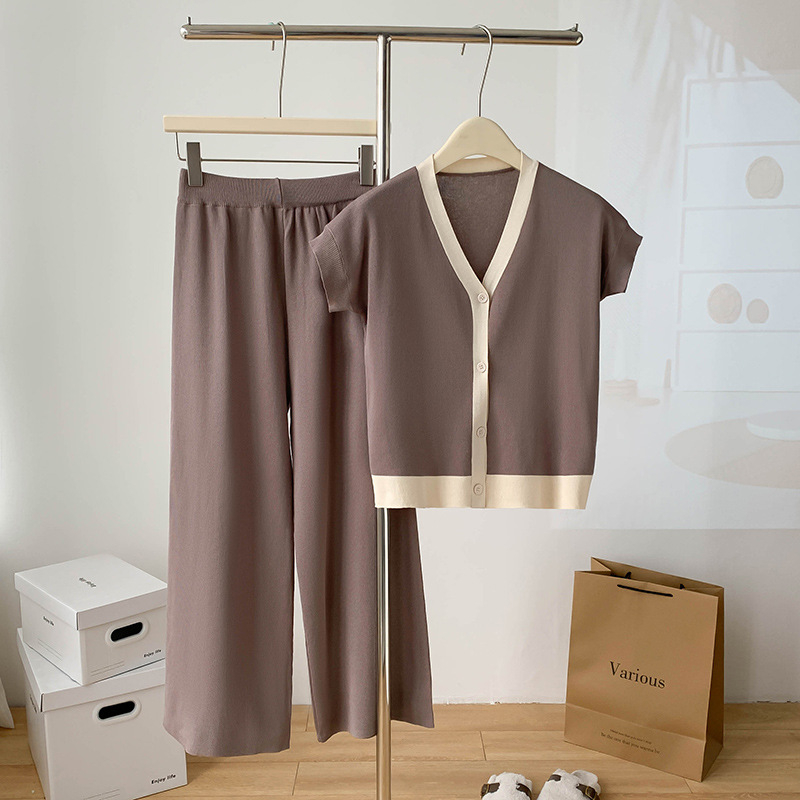 Real Shot Spot V-nyakú, ujjatlan, bő szárú nadrág, női dizájn, sikkes, egyedi, lezser, lusta kötött kétrészes szett