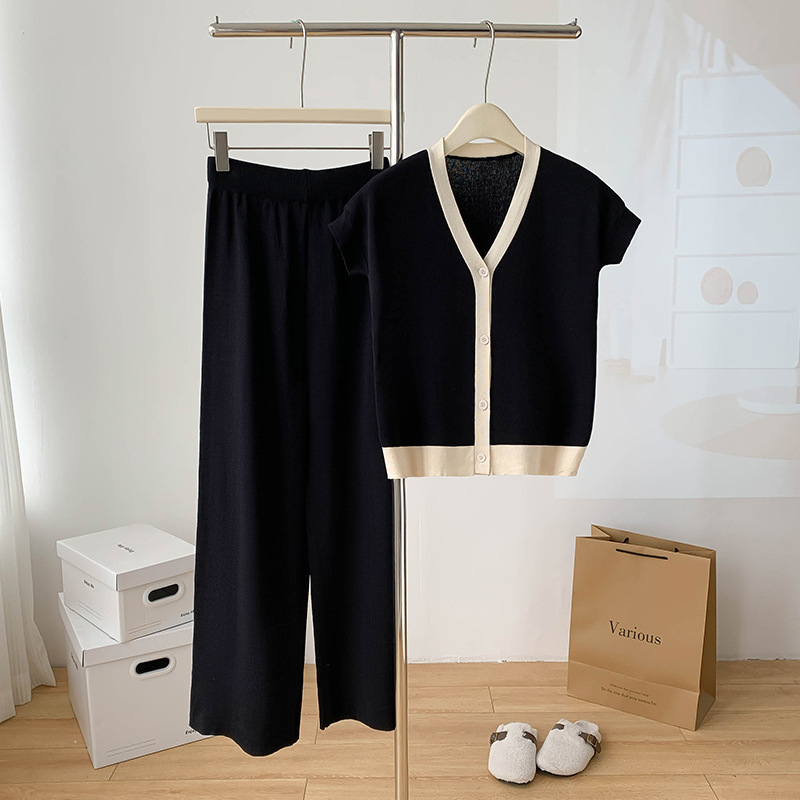 Real Shot Spot V-nyakú, ujjatlan, bő szárú nadrág, női dizájn, sikkes, egyedi, lezser, lusta kötött kétrészes szett