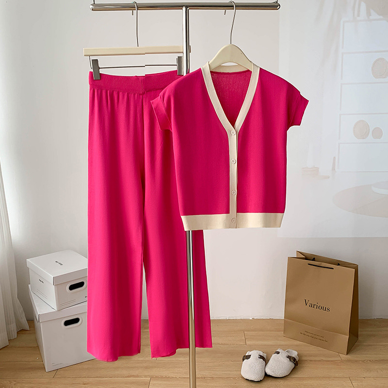 Real Shot Spot V-nyakú, ujjatlan, bő szárú nadrág, női dizájn, sikkes, egyedi, lezser, lusta kötött kétrészes szett