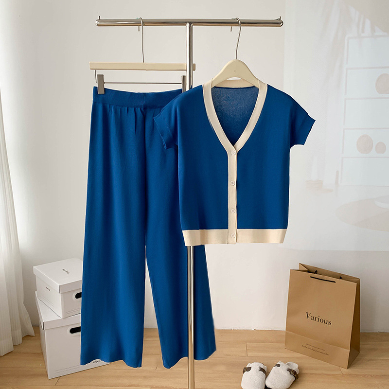 Real Shot Spot V-nyakú, ujjatlan, bő szárú nadrág, női dizájn, sikkes, egyedi, lezser, lusta kötött kétrészes szett