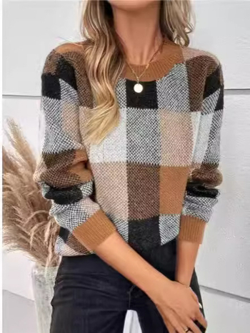 Amazon európai és amerikai új pulóver nőknek, akik forró eladású kerek nyakú kockás, laza divatos pulóvert szeretnének