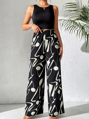 2024-es európai és amerikai tavaszi, nyári és őszi szezonbeli női lezser, magas derekú, bő szárú nadrág, teljes mintás dizájn, sokoldalú divat