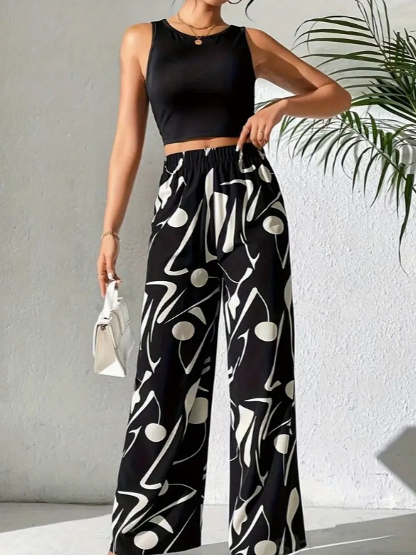 2024-es európai és amerikai tavaszi, nyári és őszi szezonbeli női lezser, magas derekú, bő szárú nadrág, teljes mintás dizájn, sokoldalú divat