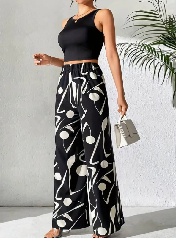 2024-es európai és amerikai tavaszi, nyári és őszi szezonbeli női lezser, magas derekú, bő szárú nadrág, teljes mintás dizájn, sokoldalú divat
