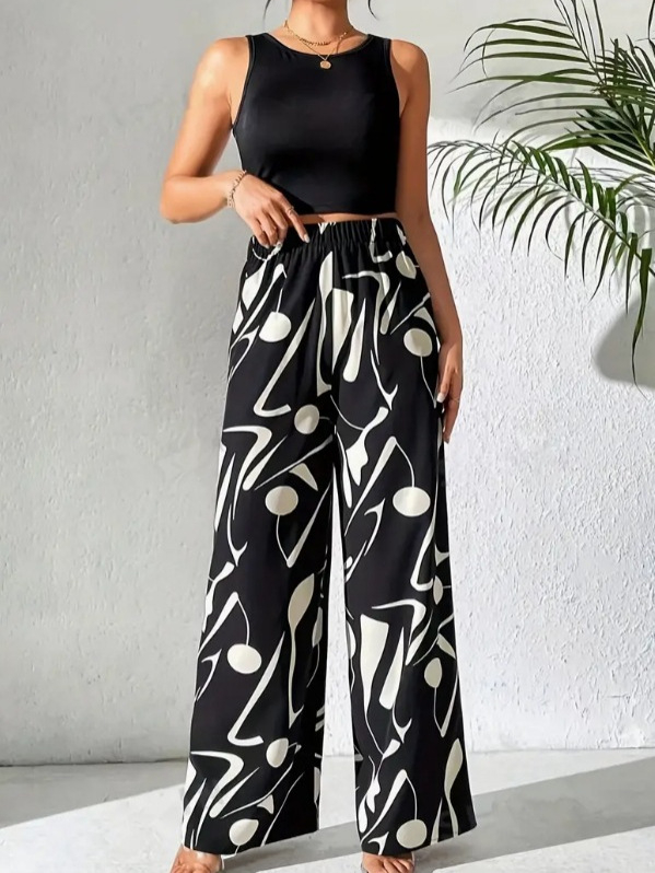 2024-es európai és amerikai tavaszi, nyári és őszi szezonbeli női lezser, magas derekú, bő szárú nadrág, teljes mintás dizájn, sokoldalú divat