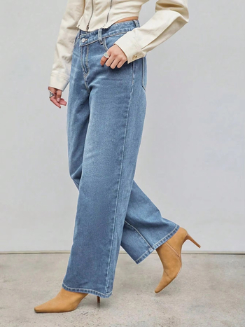 Határokon átnyúló külkereskedelem Amazon Európa és az Egyesült Államok retro világoskék farmer női vékony, egyenes csőből készült, bő, ferde, csatos farmernadrág