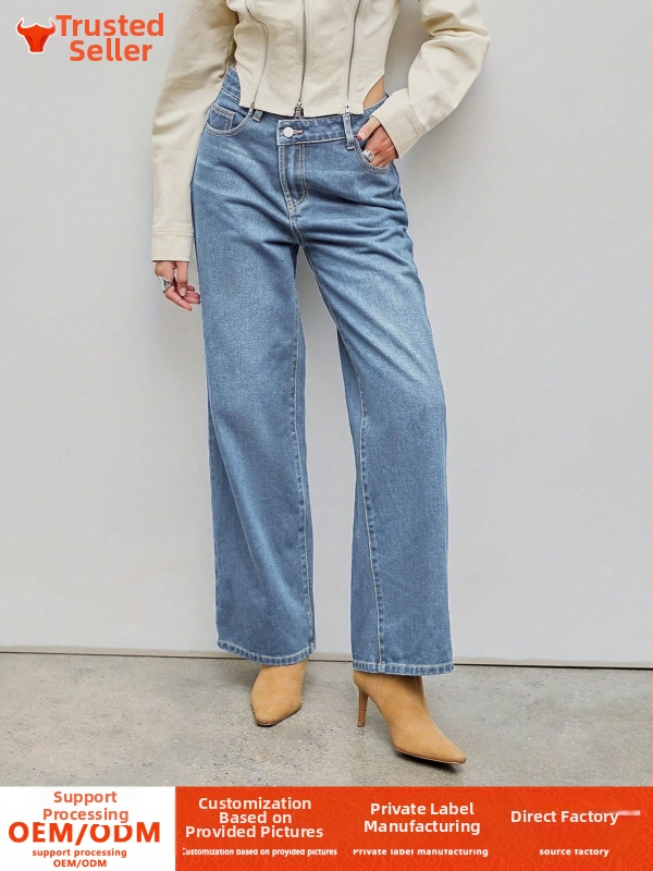 Határokon átnyúló külkereskedelem Amazon Európa és az Egyesült Államok retro világoskék farmer női vékony, egyenes csőből készült, bő, ferde, csatos farmernadrág