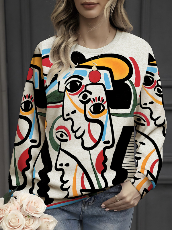 2024 őszi új, határokon átnyúló női 3D geometrikus nyomtatású, hétköznapi, rullard mintás, hosszú ujjú, kerek nyakú, vékony pulóver