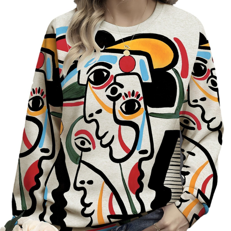 2024 őszi új, határokon átnyúló női 3D geometrikus nyomtatású, hétköznapi, rullard mintás, hosszú ujjú, kerek nyakú, vékony pulóver