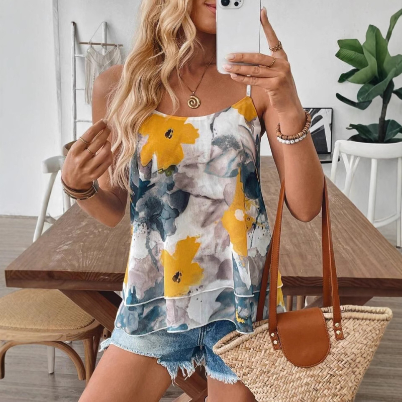 2025-ös európai és amerikai határokon átnyúló Amazon tavaszi és nyári új virágmintás V-nyakú ujjatlan felső nadrágtartó divatos női ruházat