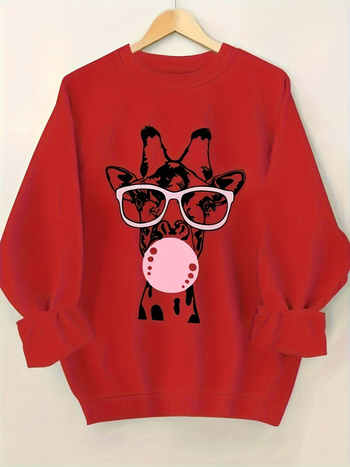 Hosszú ujjú, kerek nyakú, lezser pulóver, zsiráfmintával