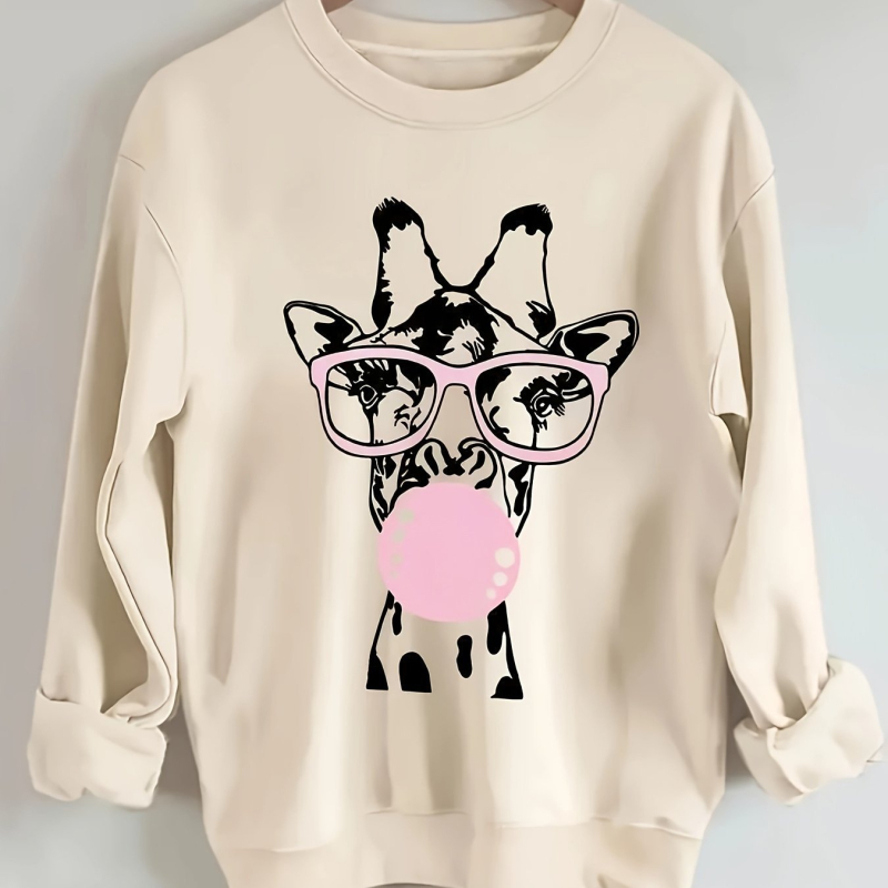 Hosszú ujjú, kerek nyakú, lezser pulóver, zsiráfmintával