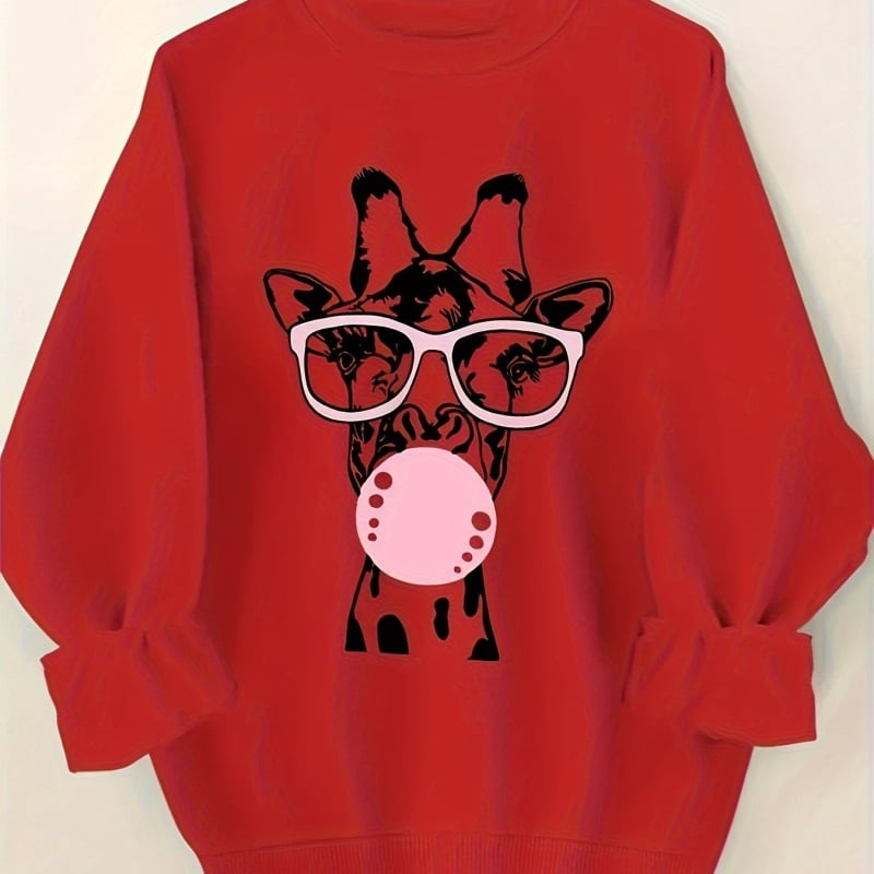 Hosszú ujjú, kerek nyakú, lezser pulóver, zsiráfmintával