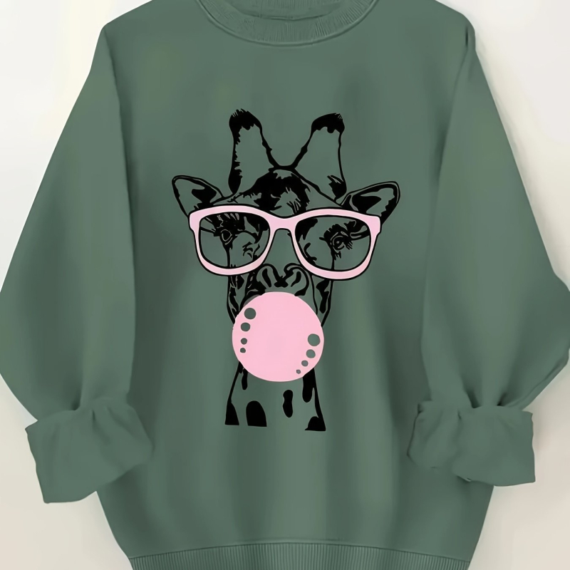 Hosszú ujjú, kerek nyakú, lezser pulóver, zsiráfmintával