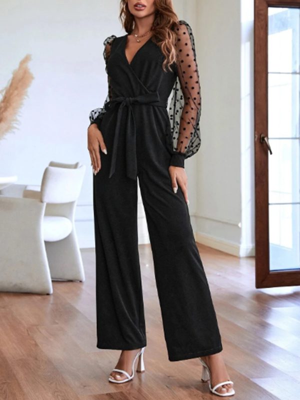 Határokon átnyúló Amazon európai és amerikai divatos V-nyakú női csipkés hosszú ujjú overál övvel, egyenes szabású nadrág, elegáns női viselet