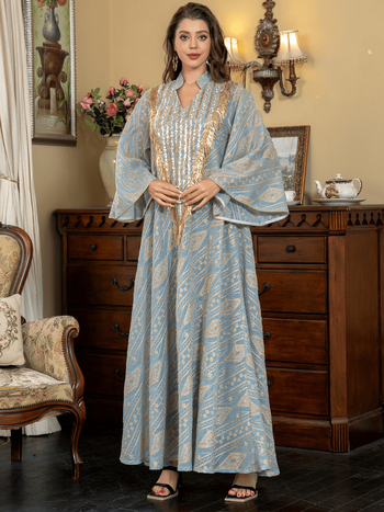 Sw005 közel-keleti, határokon átnyúló muszlim estélyi ruha, arab, dubai köntös, hálós, hímzett, flitterekkel díszített, elegáns