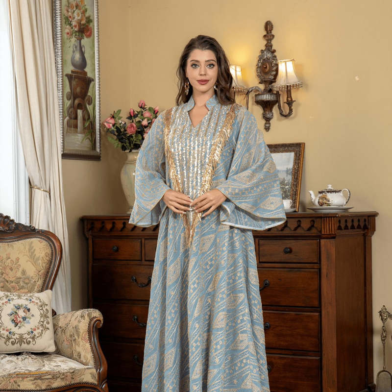 Sw005 közel-keleti, határokon átnyúló muszlim estélyi ruha, arab, dubai köntös, hálós, hímzett, flitterekkel díszített, elegáns