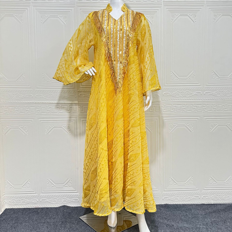 Sw005 közel-keleti, határokon átnyúló muszlim estélyi ruha, arab, dubai köntös, hálós, hímzett, flitterekkel díszített, elegáns