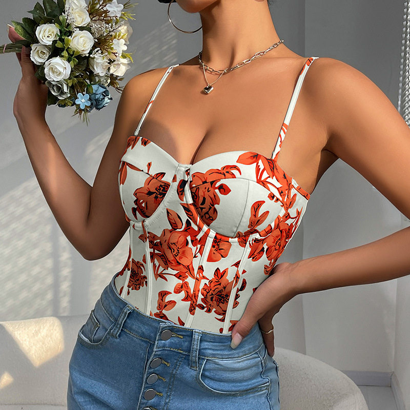 Szexi halszálkamintás, határokon átnyúló európai és amerikai virágmintás vintage új, nyomtatott felső, Spice Girl, karcsúsított, nadrágtartós felsőrész, női