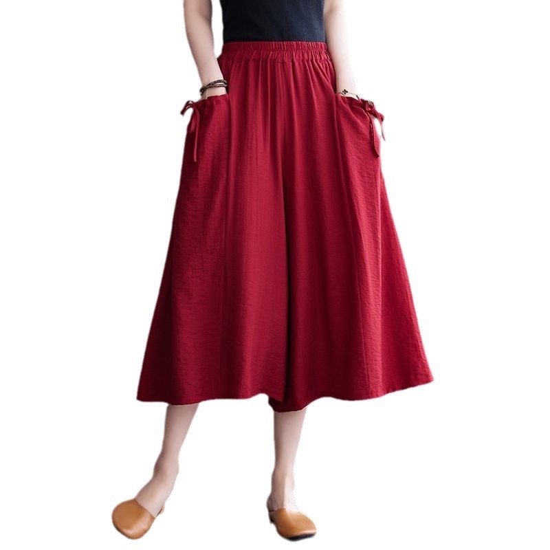 Széles szárú nejlon nadrág nőknek 2023 Nyári új, laza, plus size, egyszínű, rugalmas derekú, nagy swing culottes, lezser, rövidített nadrág