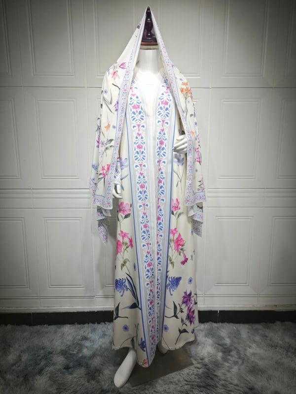 Mq223 Skromni kardigan s printom i maramom za glavu, Amazonski set od dva dijela, Bliski istok, Dubai, Abaya jakna