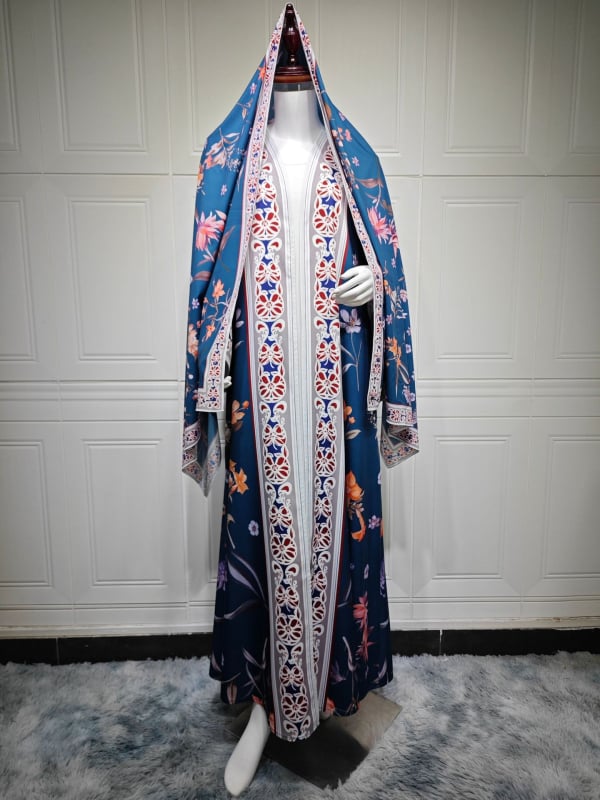 Mq223 Skromni kardigan s printom i maramom za glavu, Amazonski set od dva dijela, Bliski istok, Dubai, Abaya jakna