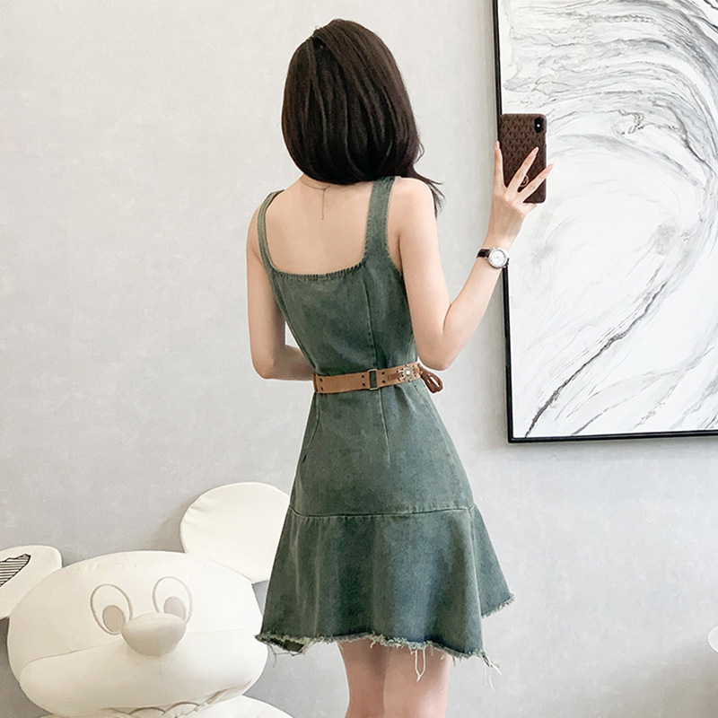 Amerikai stílusú, szabálytalan pántos farmerruha, női 2025-ös nyári ruha, új derékkal, karcsúsító női rövid szoknya