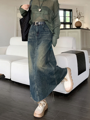 Γυναικεία φούστα με ντεκολτέ και σκούρα στάχτη, για μεγάλα μεγέθη, παχουλά κορίτσια, με ψηλή μέση, αδυνατιστικό σχέδιο, Sense, πίσω, σκισμένο, σε γραμμή Α, σε μεσαίο μήκος.