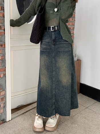 Γυναικεία φούστα με ντεκολτέ και σκούρα στάχτη, για μεγάλα μεγέθη, παχουλά κορίτσια, με ψηλή μέση, αδυνατιστικό σχέδιο, Sense, πίσω, σκισμένο, σε γραμμή Α, σε μεσαίο μήκος.