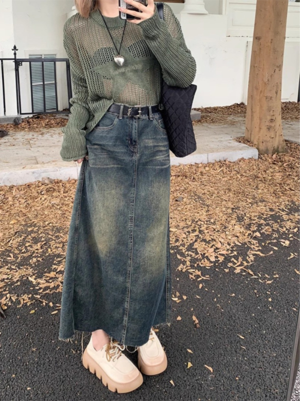 Vintage kopott farmer szoknya, női plus size, pufók lányos, magas derekú, karcsúsító dizájn, hátsó hasított, A-vonalú, középhosszú szoknya