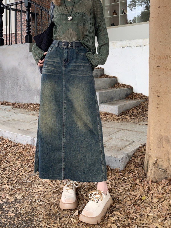 Vintage kopott farmer szoknya, női plus size, pufók lányos, magas derekú, karcsúsító dizájn, hátsó hasított, A-vonalú, középhosszú szoknya