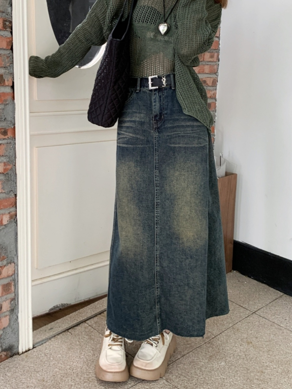 Vintage kopott farmer szoknya, női plus size, pufók lányos, magas derekú, karcsúsító dizájn, hátsó hasított, A-vonalú, középhosszú szoknya