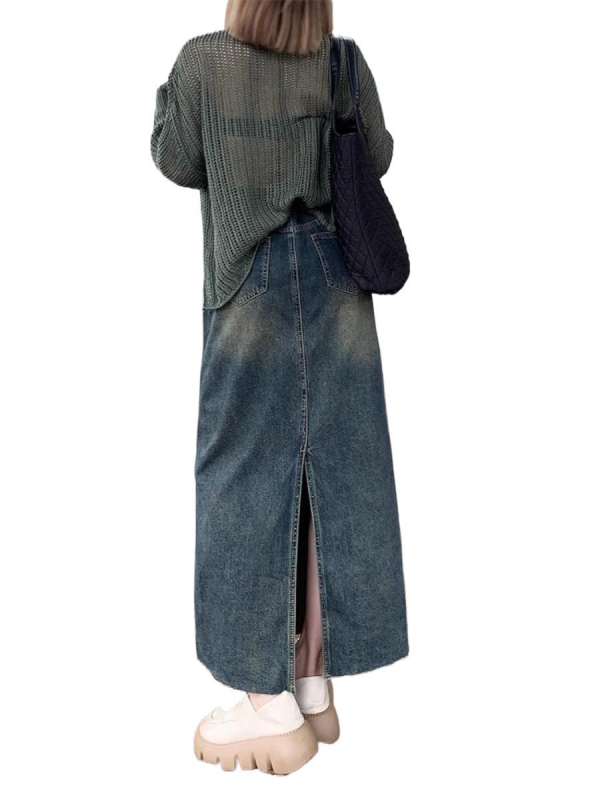 Vintage kopott farmer szoknya, női plus size, pufók lányos, magas derekú, karcsúsító dizájn, hátsó hasított, A-vonalú, középhosszú szoknya