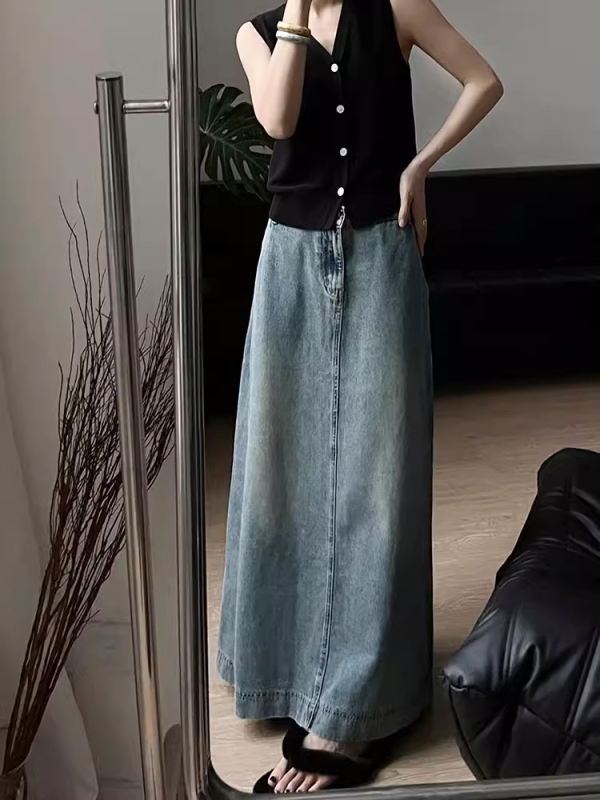 Vintage kopott farmer szoknya, női plus size, pufók lányos, magas derekú, karcsúsító dizájn, hátsó hasított, A-vonalú, középhosszú szoknya