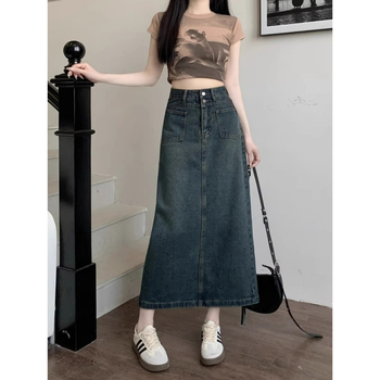 Nova proljetna i ljetna traper suknja visokog struka za žene, za mršavljenje, prekrivanje trbuha, suknja u obliku kruške, srednje duljine