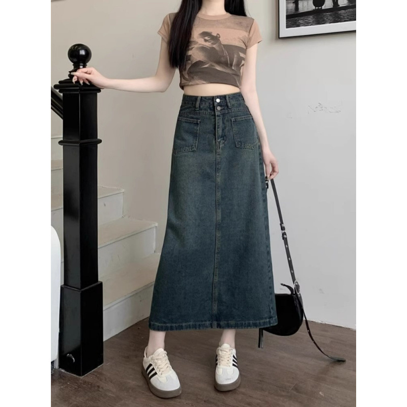 Nova proljetna i ljetna traper suknja visokog struka za žene, za mršavljenje, prekrivanje trbuha, suknja u obliku kruške, srednje duljine