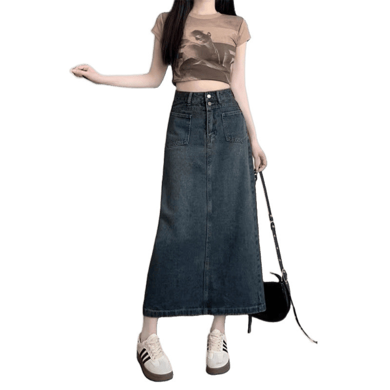 Nova proljetna i ljetna traper suknja visokog struka za žene, za mršavljenje, prekrivanje trbuha, suknja u obliku kruške, srednje duljine