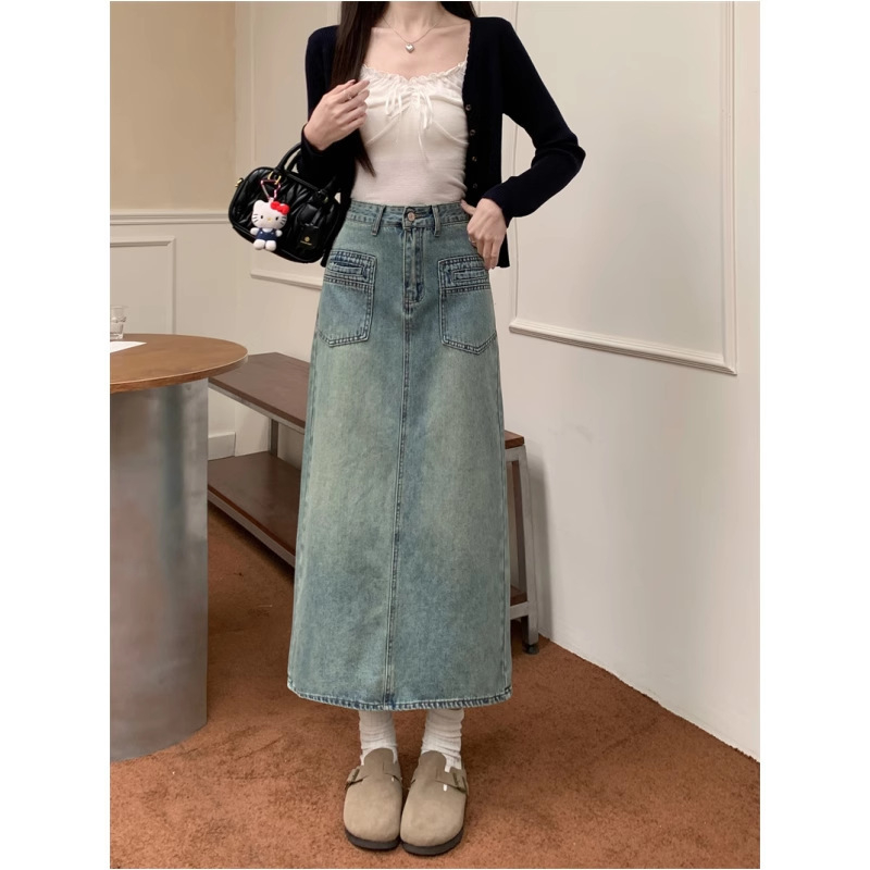 Nova proljetna i ljetna traper suknja visokog struka za žene, za mršavljenje, prekrivanje trbuha, suknja u obliku kruške, srednje duljine