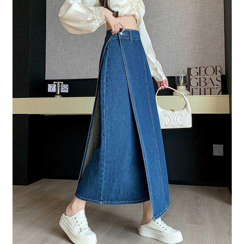 Koreai stílusú farmerszoknya Női tavaszi és őszi akadémiai stílusú magas derekú, retró, csípőt takaró, karcsúsító dizájn, Sense Niche A-vonalú szoknya