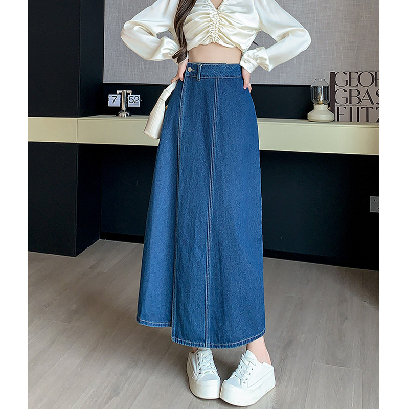 Koreai stílusú farmerszoknya Női tavaszi és őszi akadémiai stílusú magas derekú, retró, csípőt takaró, karcsúsító dizájn, Sense Niche A-vonalú szoknya